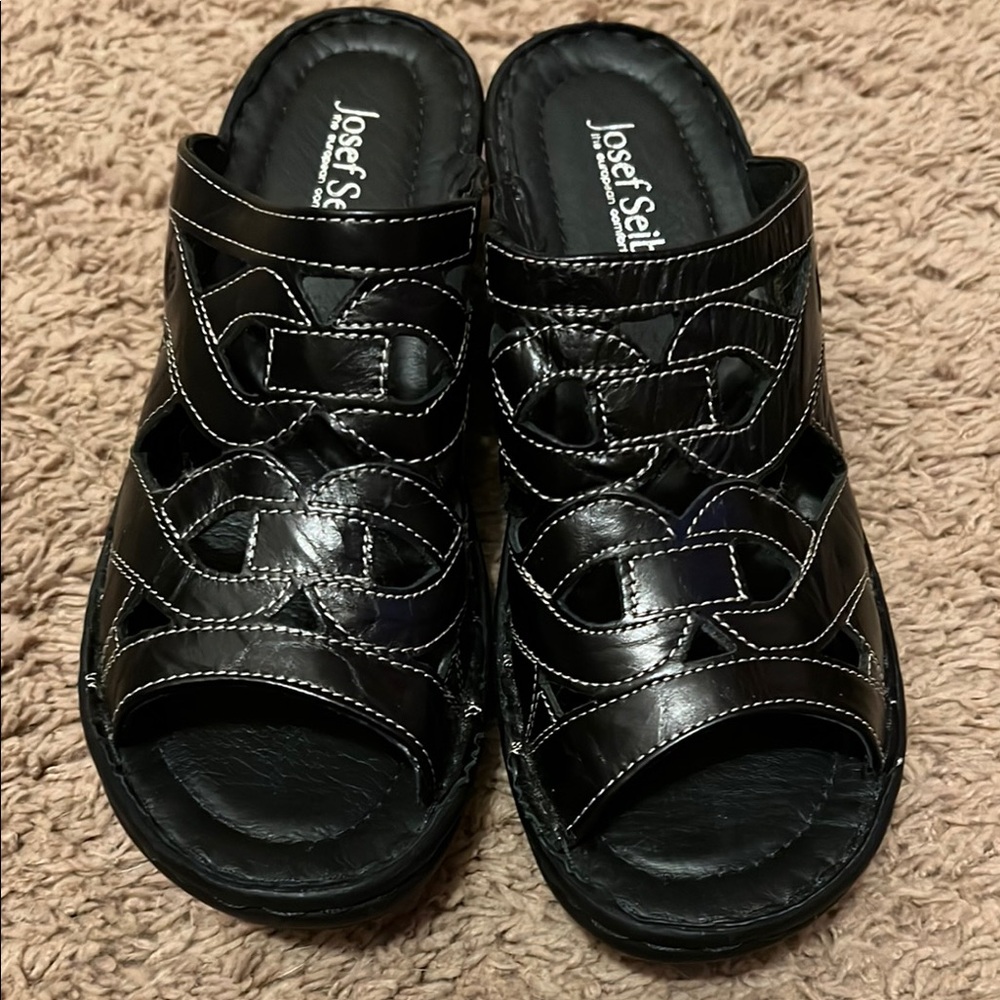 Josef Seibel Black Leather Slide Sandals